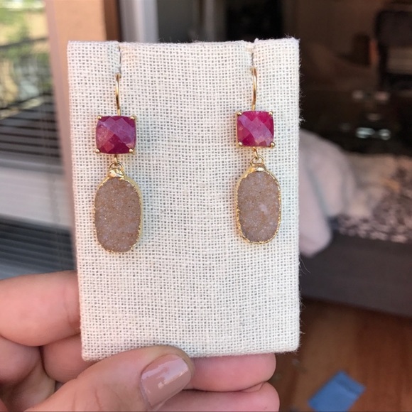 💕HP💕Ruby and Druzy gold plated wire back earrings - Picture 9 of 10